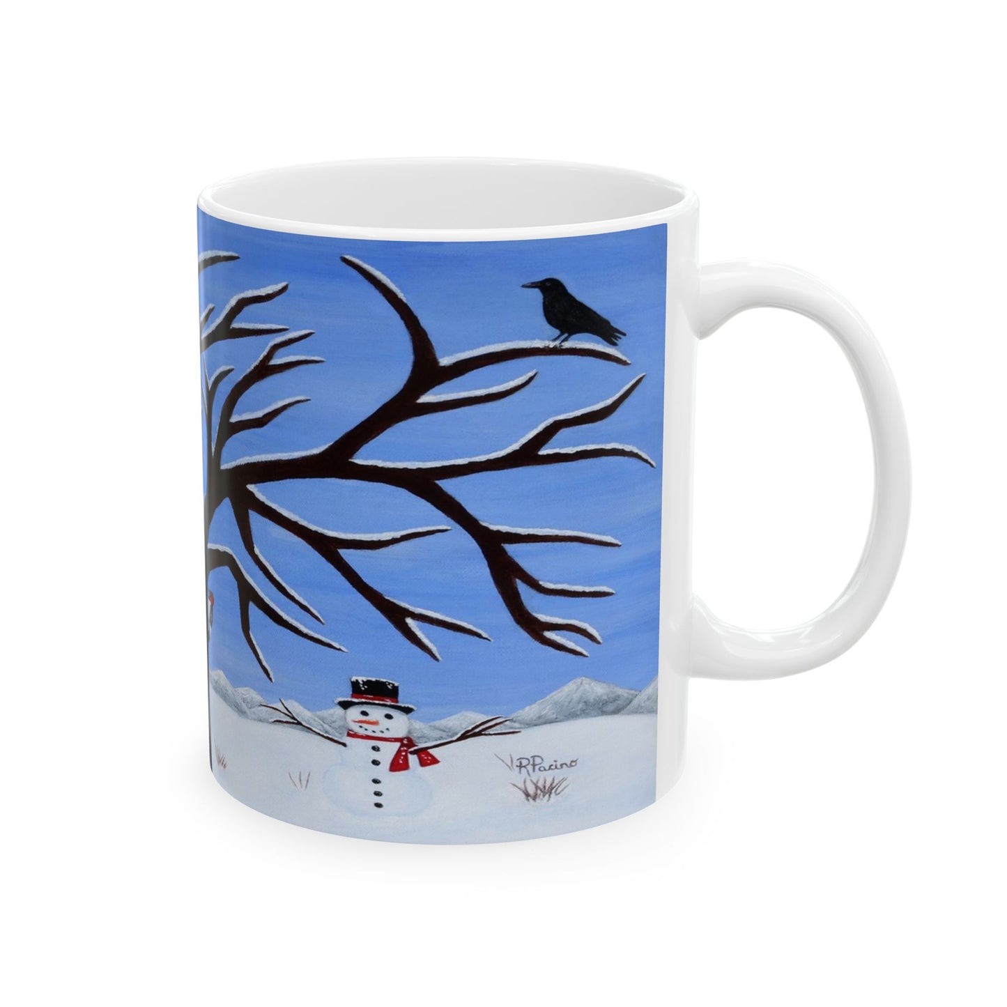 Whimsical Winter Coffee Mug – 11oz Snowy Wildlife Art Cup, Pure Presence by Roberta Pacino