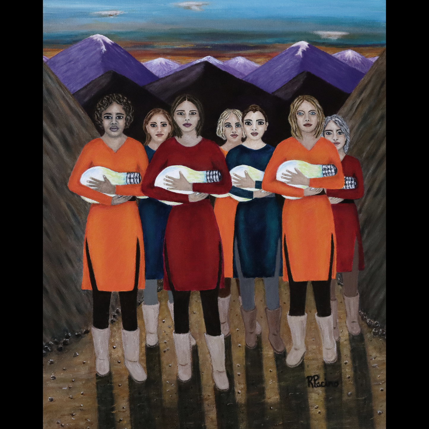 A group of seven women in a mountainous landscape, each holding a glowing light bulb, symbolizing empowerment and self-discovery. The Dawning by Roberta Pacino.
