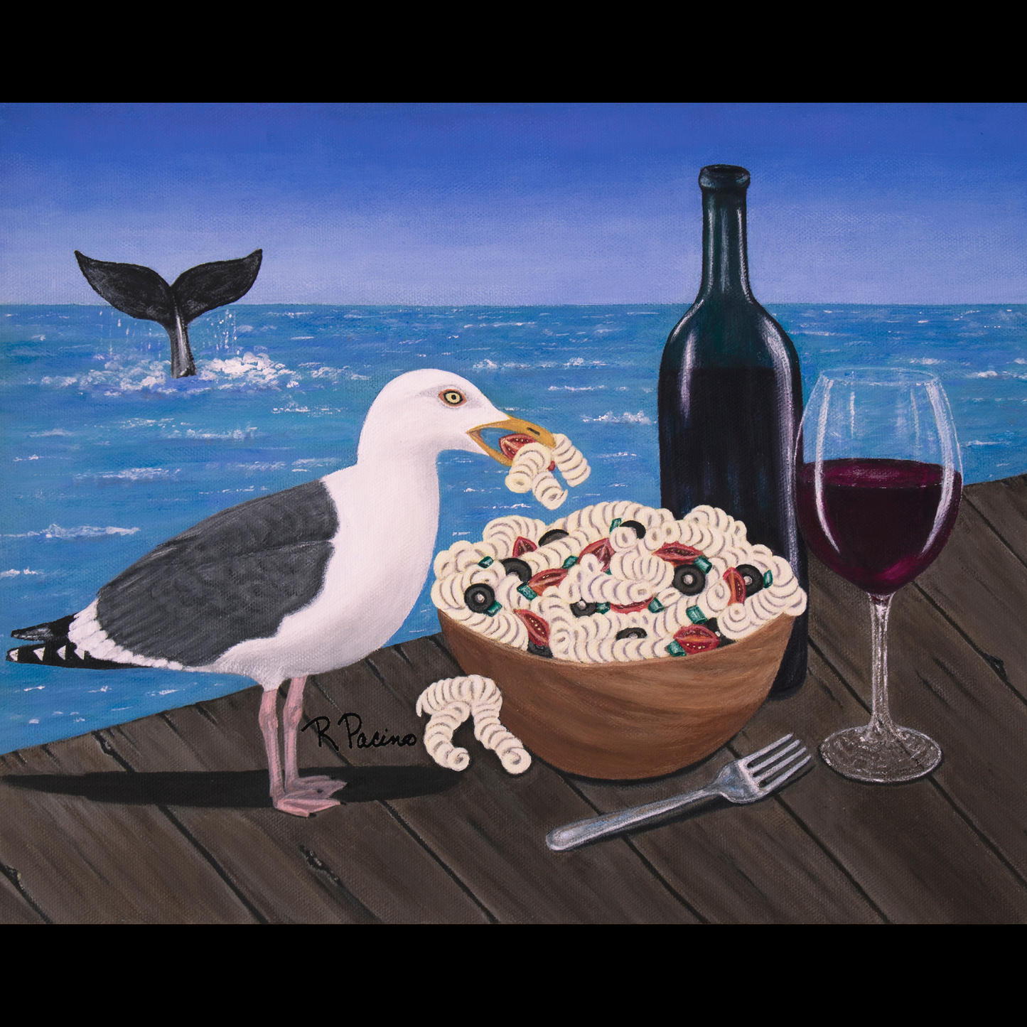 Fine art print featuring a whimsical seagull sitting at a table with a plate of pasta salad, a bottle, and a glass of red wine, with a whale tail visible in the background. Pasta on the Pier by Roberta Pacino.