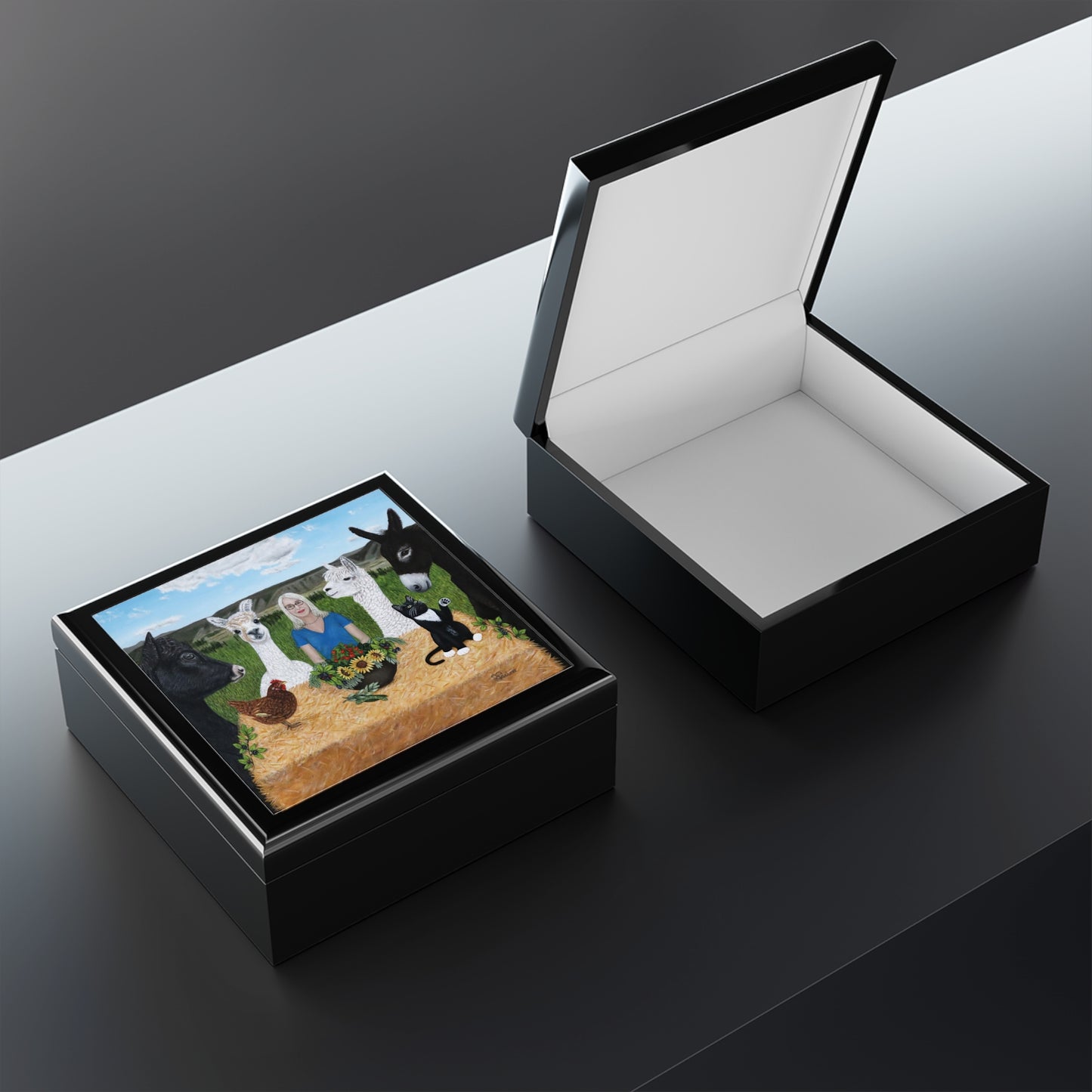 Farm Animal Jewelry Box, Glossy Keepsake Box with Original Art, Banquet at Jenny’s Farm by Roberta Pacino