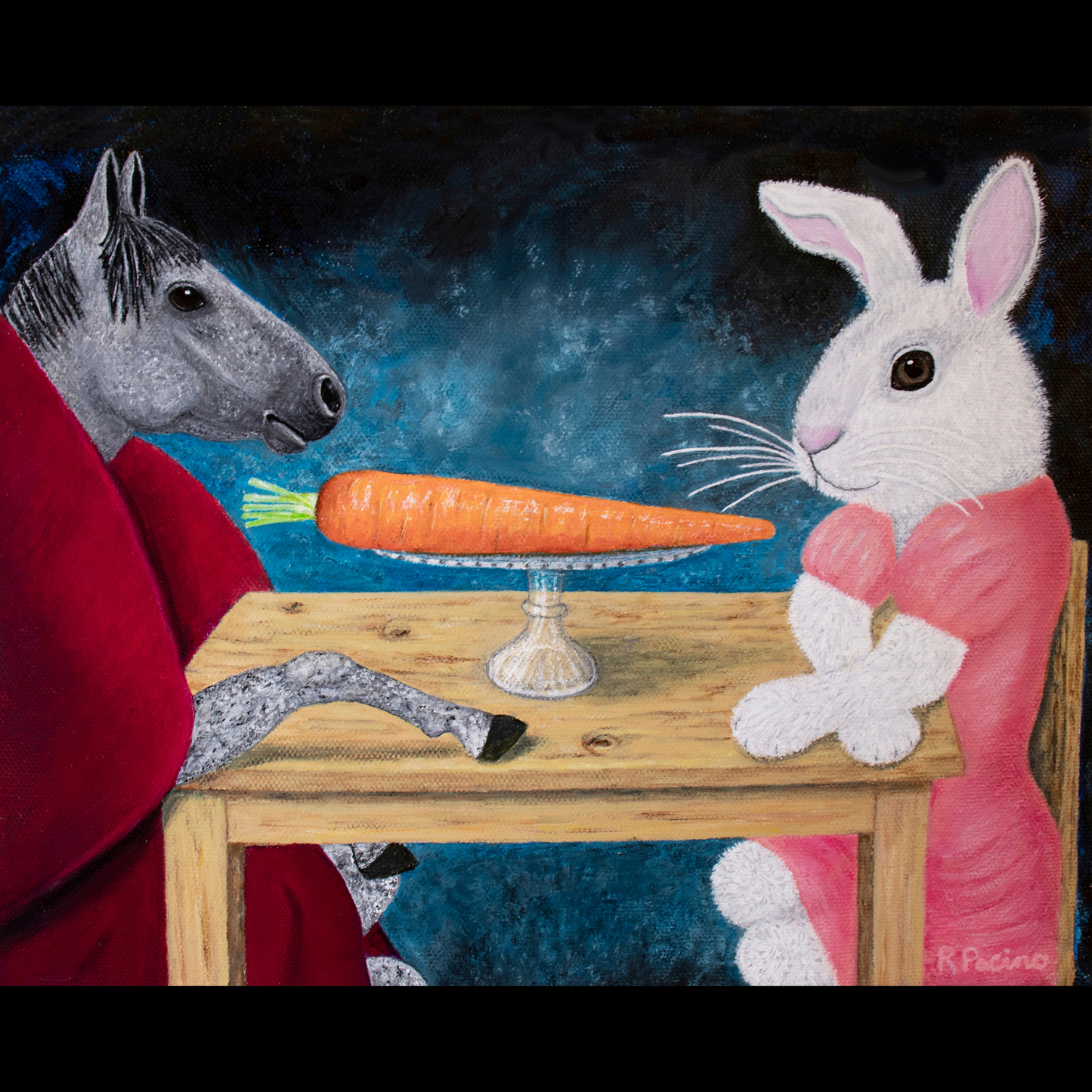 A whimsical art print featuring a horse and a rabbit sitting at a table with a single carrot on a plate, set against a blue backdrop. Single Carrot by Roberta Pacino.