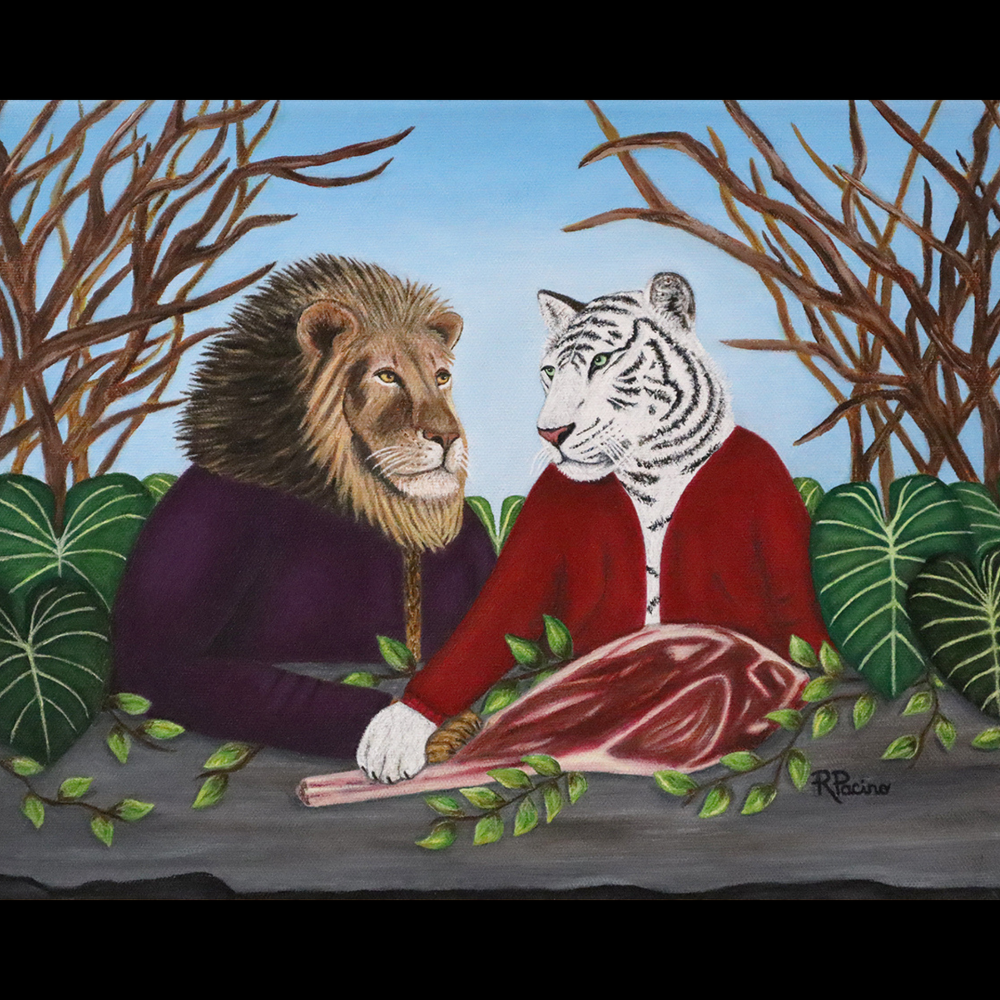 A fine art print depicting a lion and a tiger dressed in human clothing, seated at a table with a meal in front of them, set against a backdrop of a jungle setting. King's Table by Roberta Pacino.