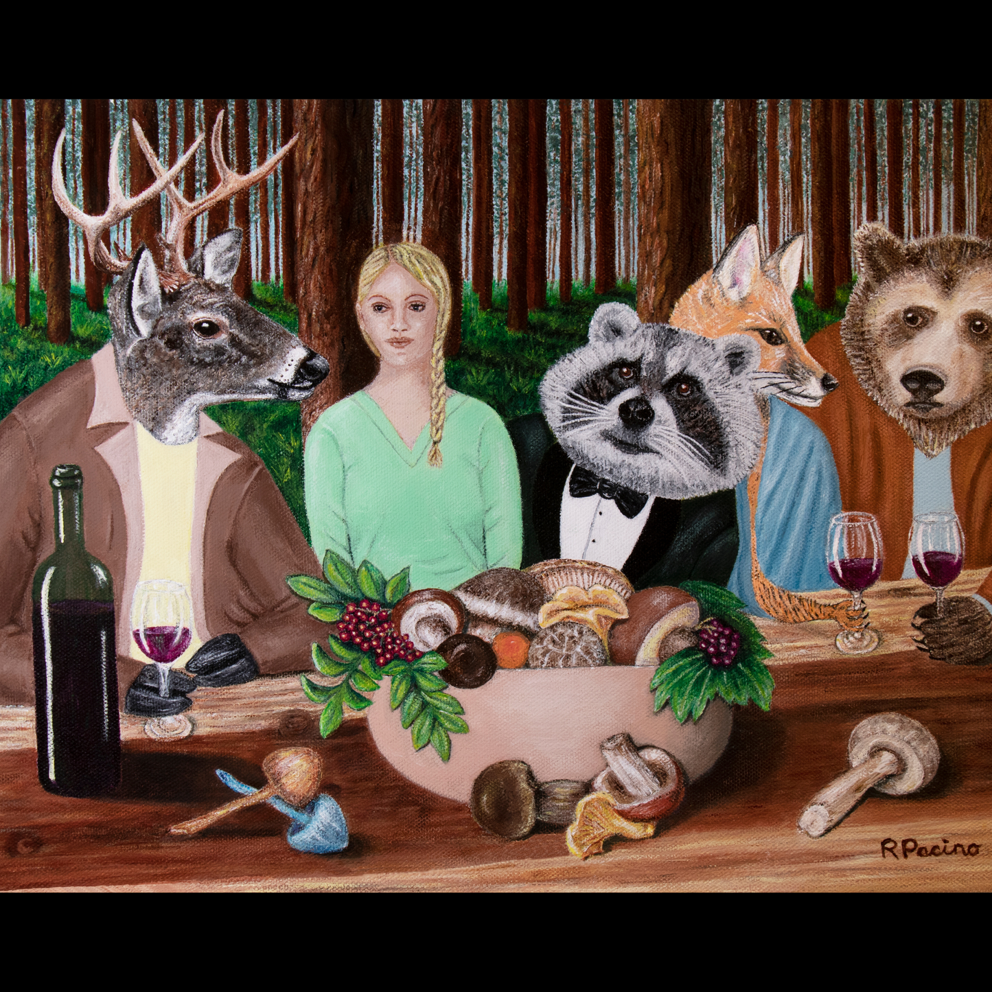 A whimsical artwork featuring anthropomorphic forest animals including a deer, bear, red fox, and raccoon dressed in clothing, sitting at a table with a woman, enjoying a meal with wine and cheese. Forest Feast by Roberta Pacino