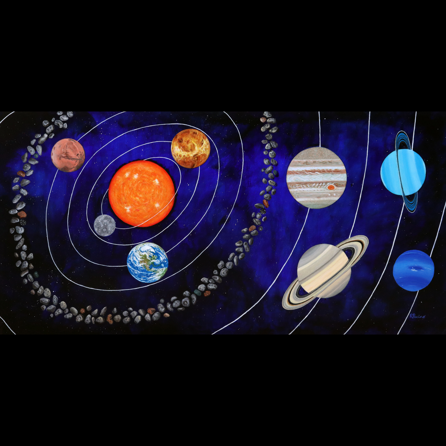 A vibrant fine art print featuring a detailed and colorful illustration of the solar system with the sun and eight planets arranged in celestial orbits against a blue backdrop. Colorful Cosmos by Roberta Pacino.