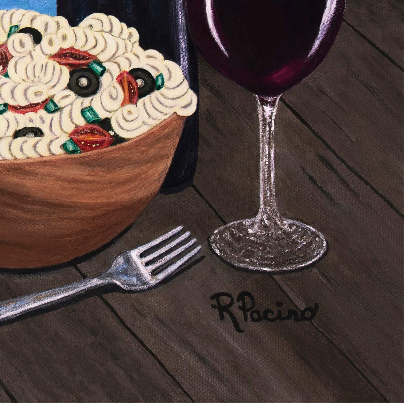 Close up of Roberta Pacino's Al Fresdo at the Pier. Bowl of pasta with a glass of red wine on a wooden surface, artist's signature visible