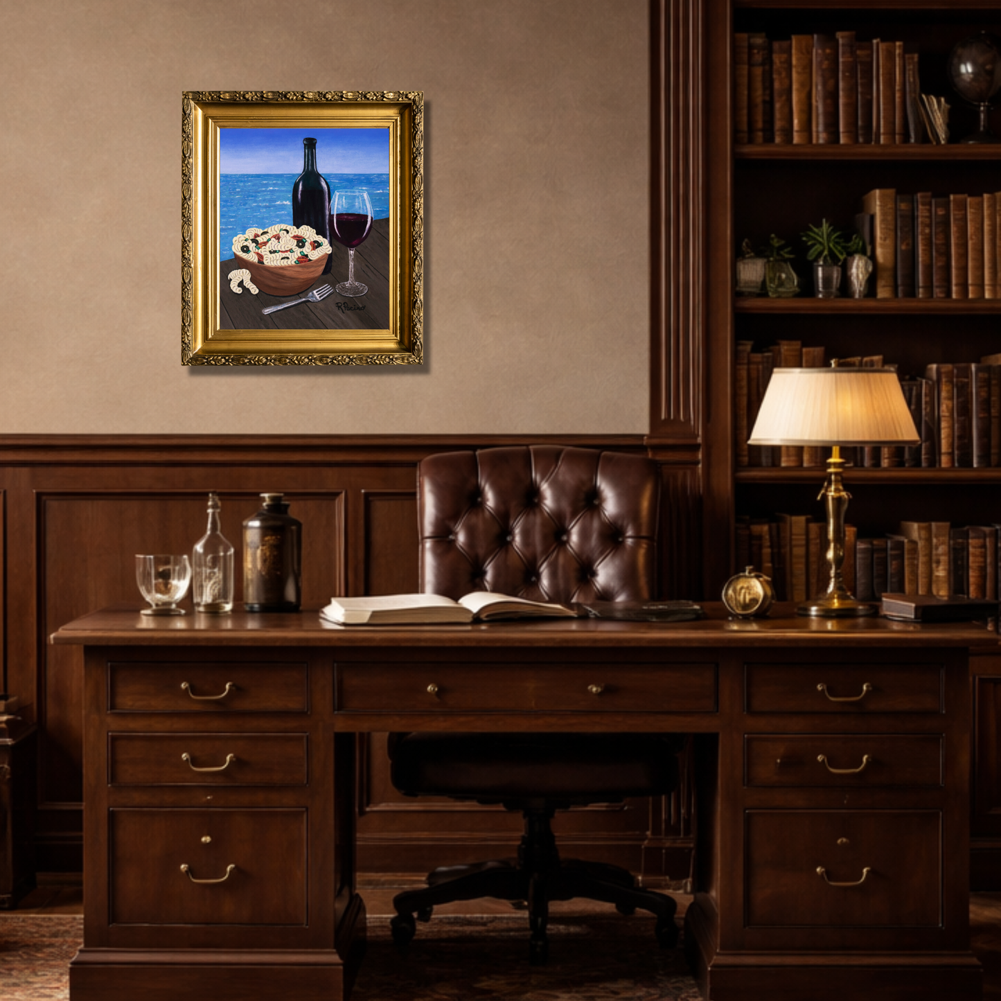 Al Fresco at the Pier museum print styled in a study with desk and bookshelf, featuring Italian-inspired coastal wall art by Roberta Pacino.