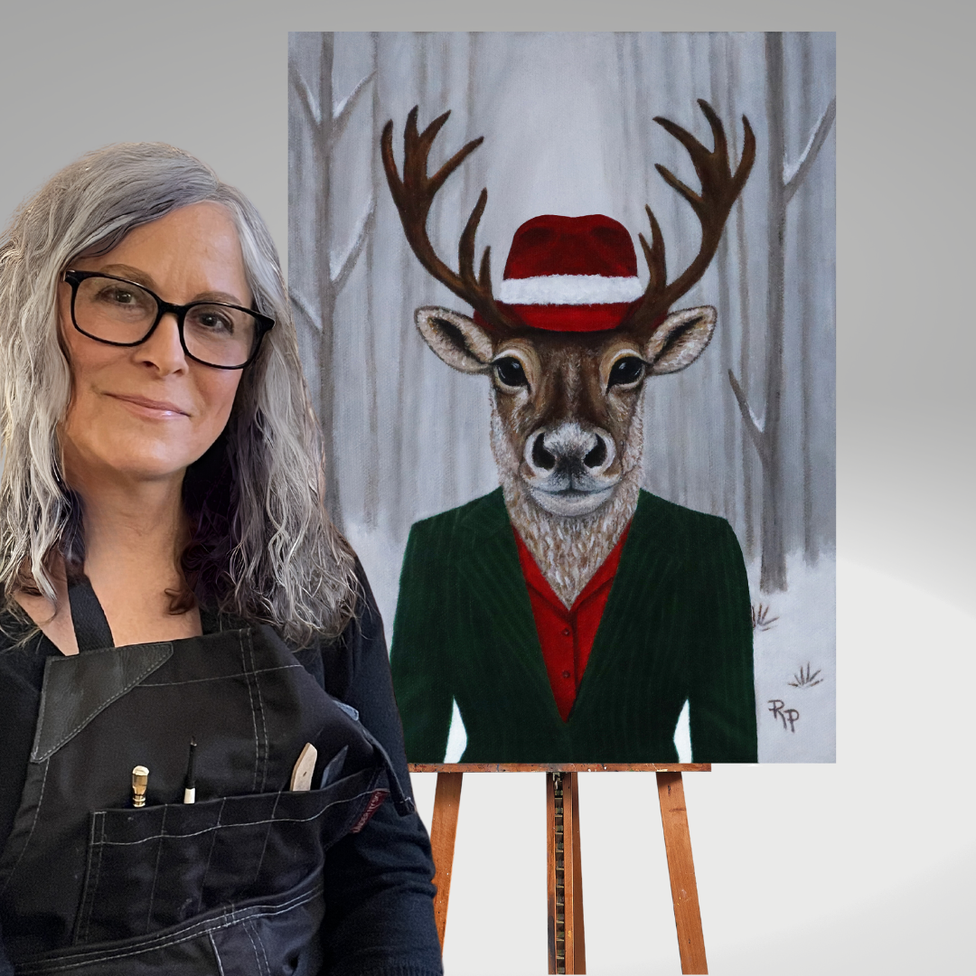 Roberta Pacino with a painting of a reindeer wearing a Santa hat and suit on an easel.