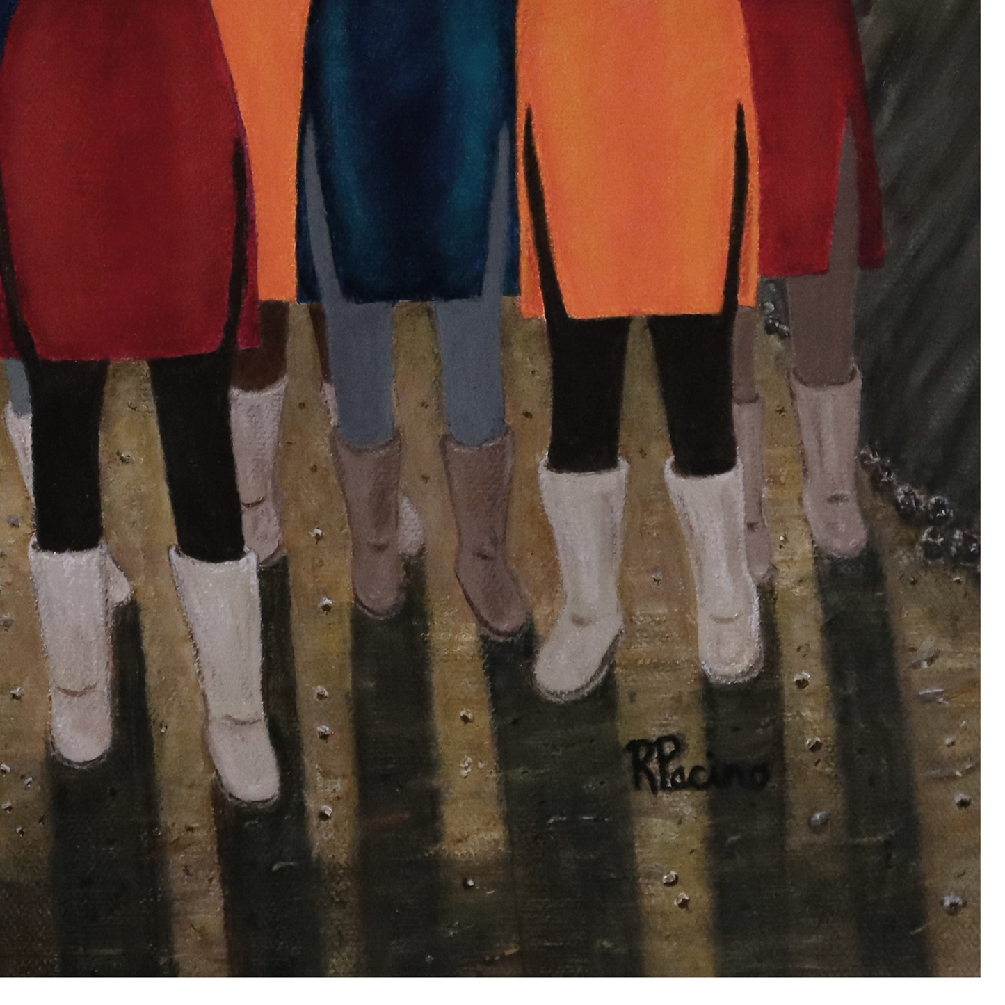 Detail of The Dawning showing the women’s colorful dresses, boots, painted wooden path, and Roberta Pacino’s signature.