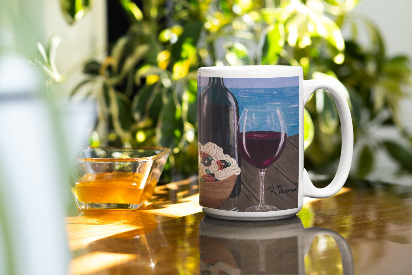 Whimsical Seagull Coffee Mug – 15oz Original Art, Pasta on the Pier by Roberta Pacino