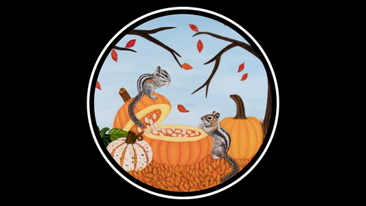 Pumpkin Patch Pals painting by Roberta Pacino, whimsical autumn scene featuring a chipmunk and ground squirrel sharing pumpkin seeds among colorful pumpkins, hand-painted acrylic artwork in magical realism style.
