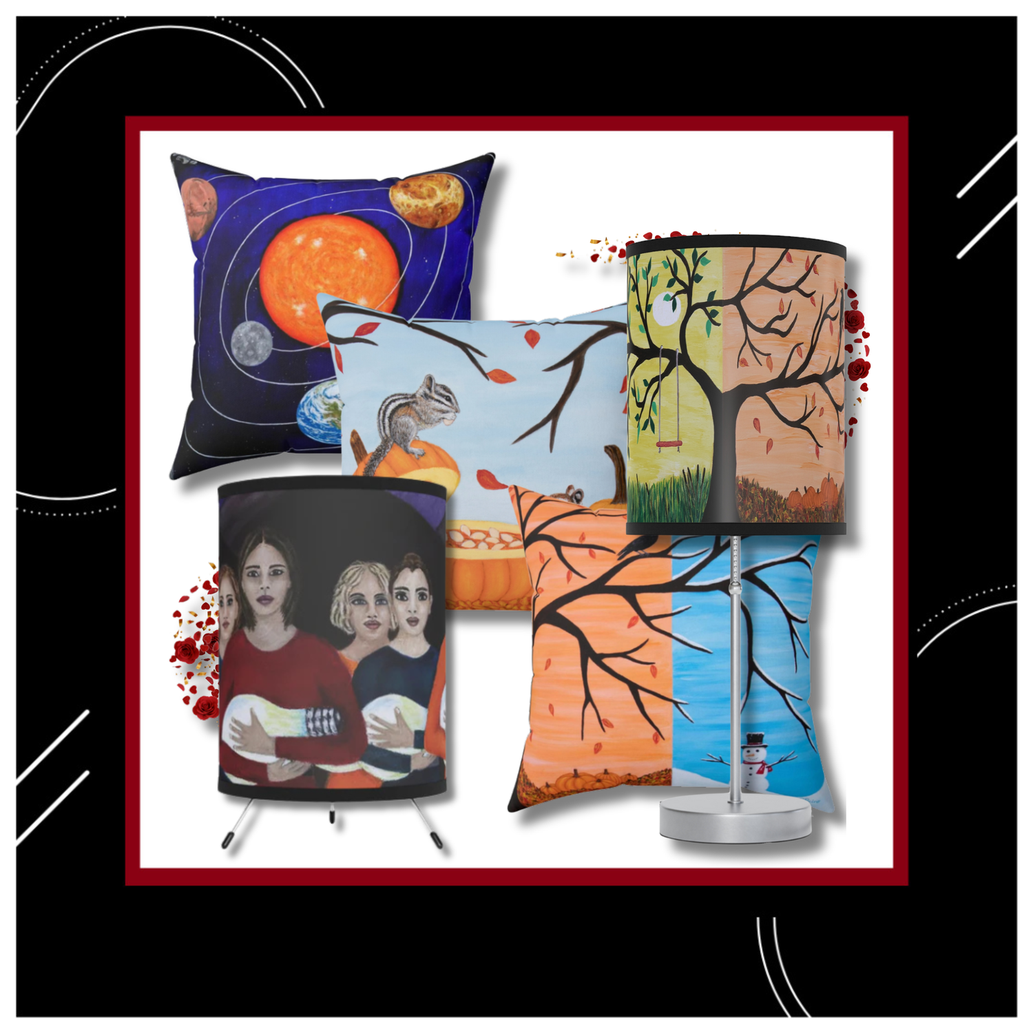 Cozy Home collection—whimsical art pillow and lamp by Roberta Pacino in a reading nook