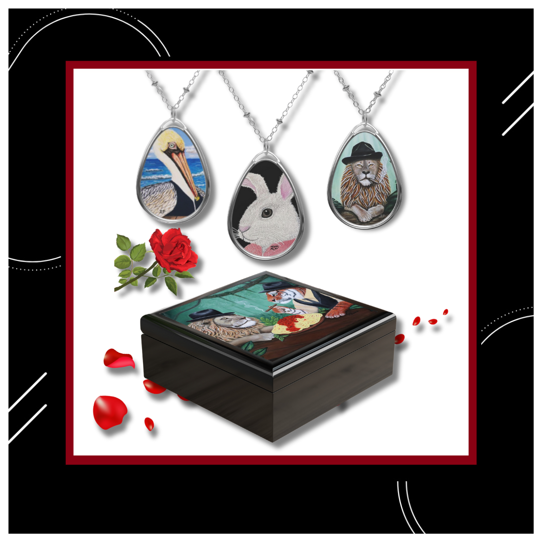 Keepsakes collection—art pendant and jewelry box featuring original artwork by Roberta Pacino