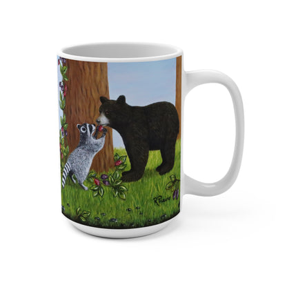 Wildlife Mug – Woodland Animals Coffee Cup 15 oz, Raccoon & Bear Cub Nature Art – Forest Friends by Roberta Pacino
