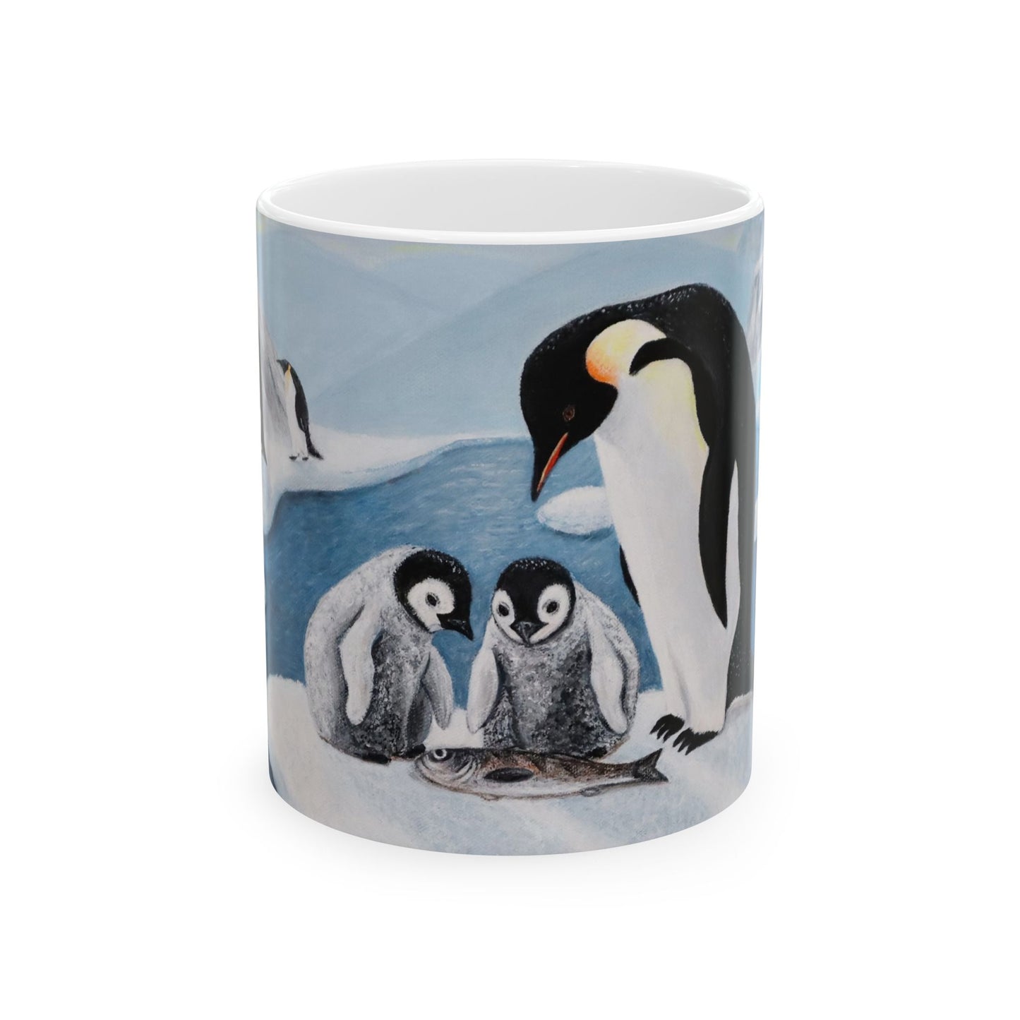 Whimsical Penguin Coffee Mug – 11oz Antarctic Wildlife Art Cup, Icy Love by Roberta Pacino