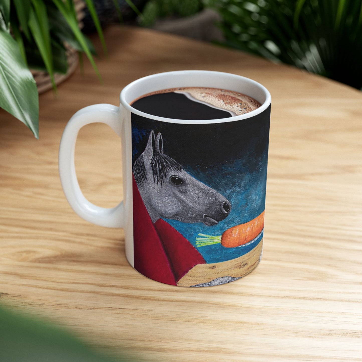Horse and Rabbit Coffee Mug – 11oz Fantasy Animal Art Cup | Single Carrot by Roberta Pacino