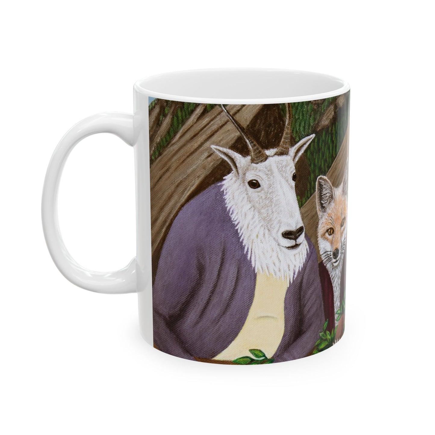 Mountain Wildlife Coffee Mug – 11oz Original Art, Red Fox, Black Bear, Mountain Lion & Goat, Mountain Meal by Roberta Pacino