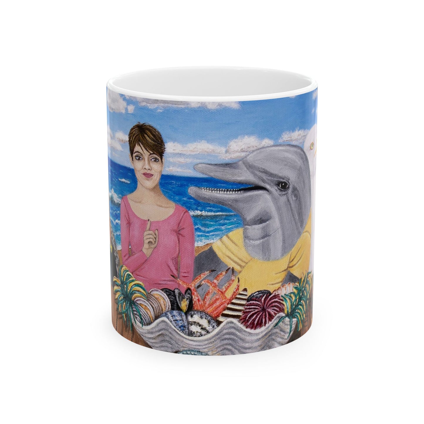 Pelican and Dolphin Coffee Mug – 11oz Ocean Animal Art Cup, Seaside Snacks by Roberta Pacino