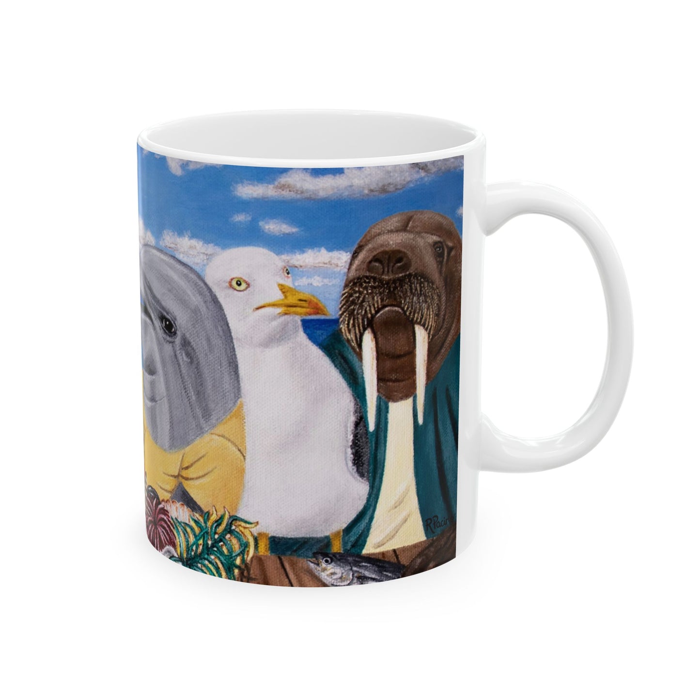 Pelican and Dolphin Coffee Mug – 11oz Ocean Animal Art Cup, Seaside Snacks by Roberta Pacino