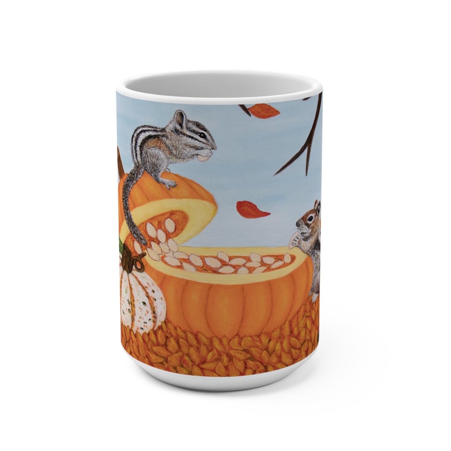 Autumn Chipmunk & Squirrel Coffee Mug – 15oz Whimsical Fall Art, Pumpkin Patch Pals by Roberta Pacino