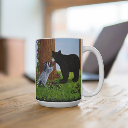 Wildlife Mug – Woodland Animals Coffee Cup 15 oz, Raccoon & Bear Cub Nature Art – Forest Friends by Roberta Pacino