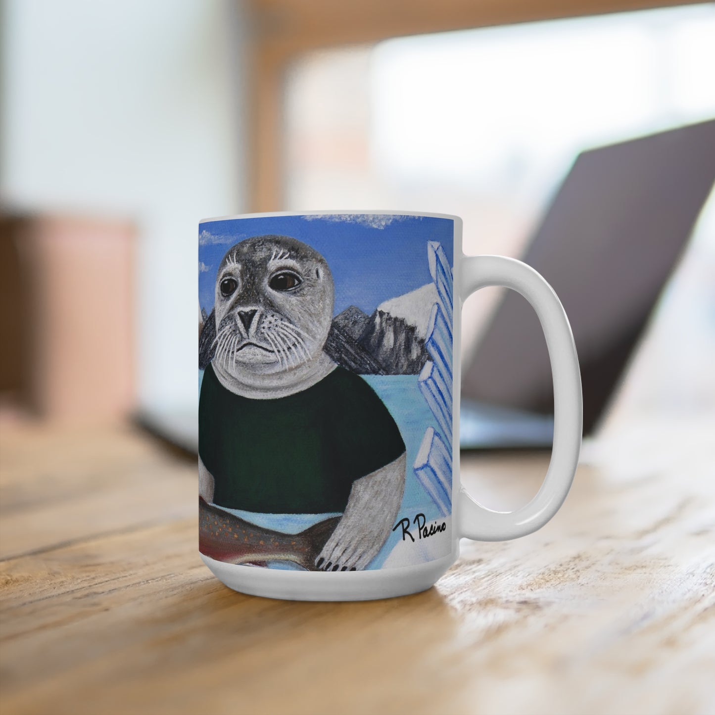 Whimsical Arctic Wildlife Coffee Mug – 15oz Original Art, Polar Bear & Harp Seal, Arctic Appetite by Roberta Pacino