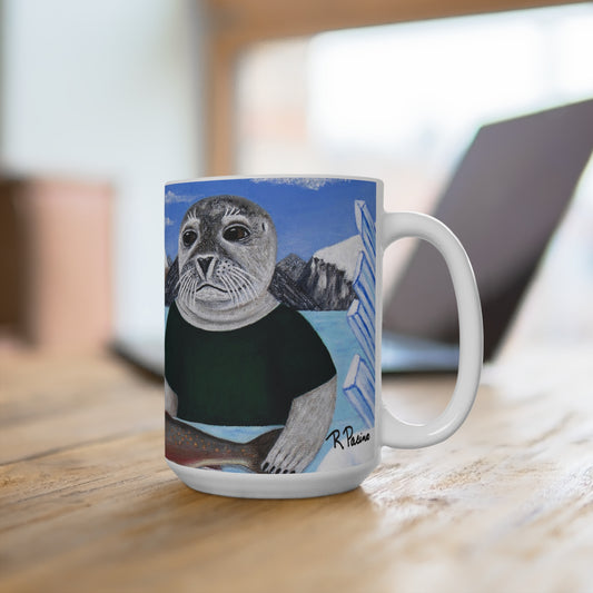 Whimsical Arctic Wildlife Coffee Mug – 15oz Original Art, Polar Bear & Harp Seal, Arctic Appetite by Roberta Pacino