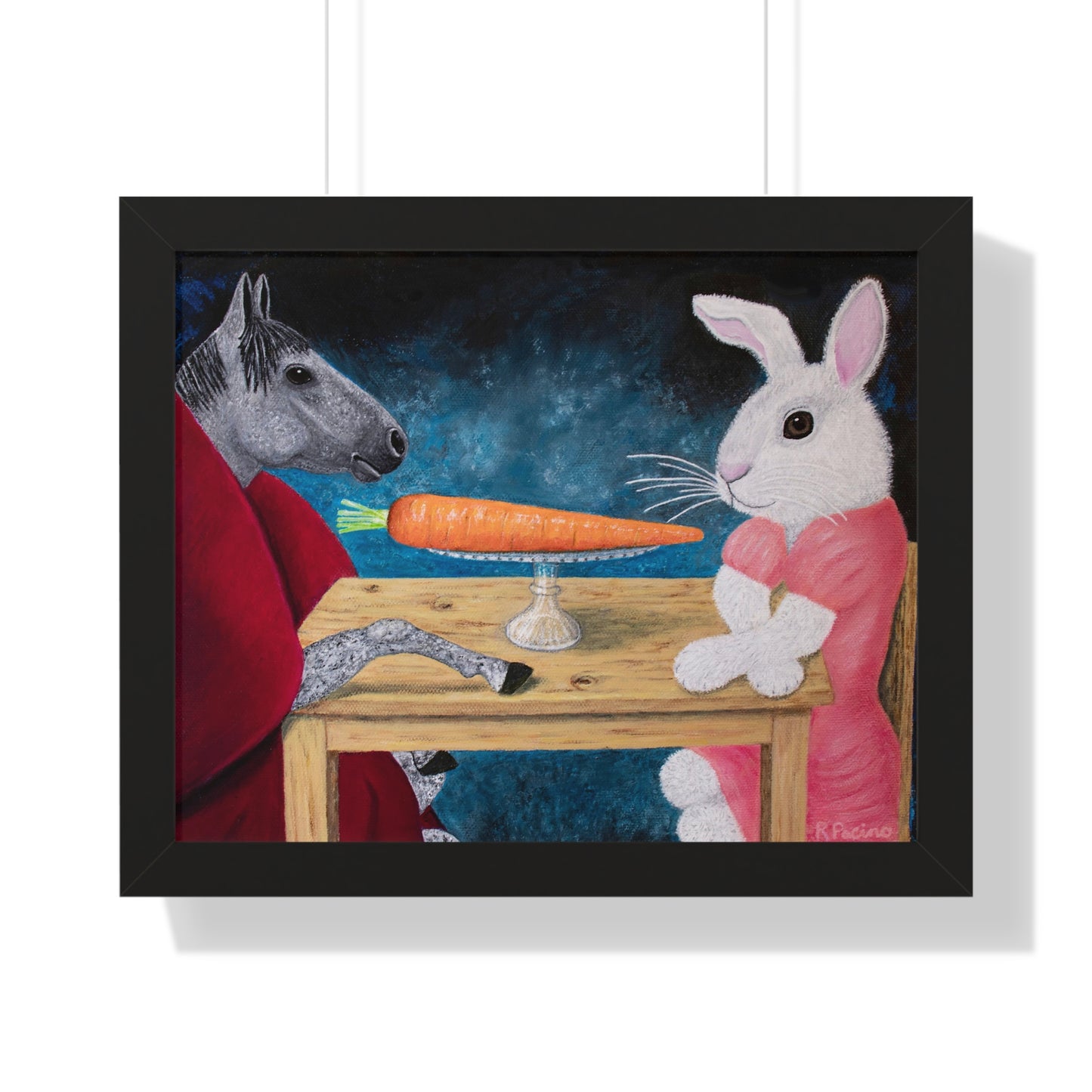 Framed Horse & Rabbit Print – Single Carrot by Roberta Pacino