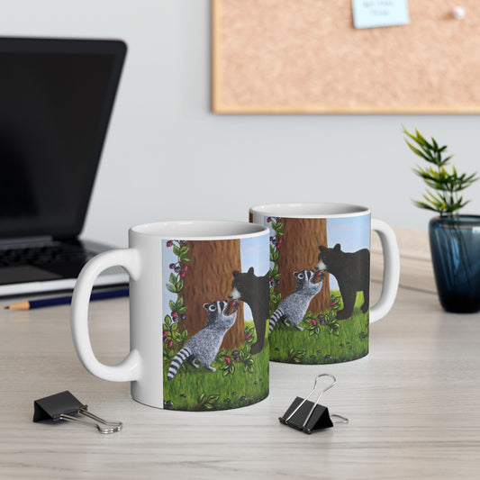 Wildlife Mug – Woodland Animals Coffee Cup 11 oz, Raccoon & Bear Cub Nature Art – Forest Friends by Roberta Pacino