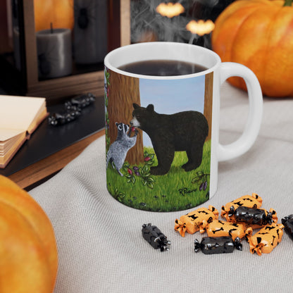 Wildlife Mug – Woodland Animals Coffee Cup 11 oz, Raccoon & Bear Cub Nature Art – Forest Friends by Roberta Pacino