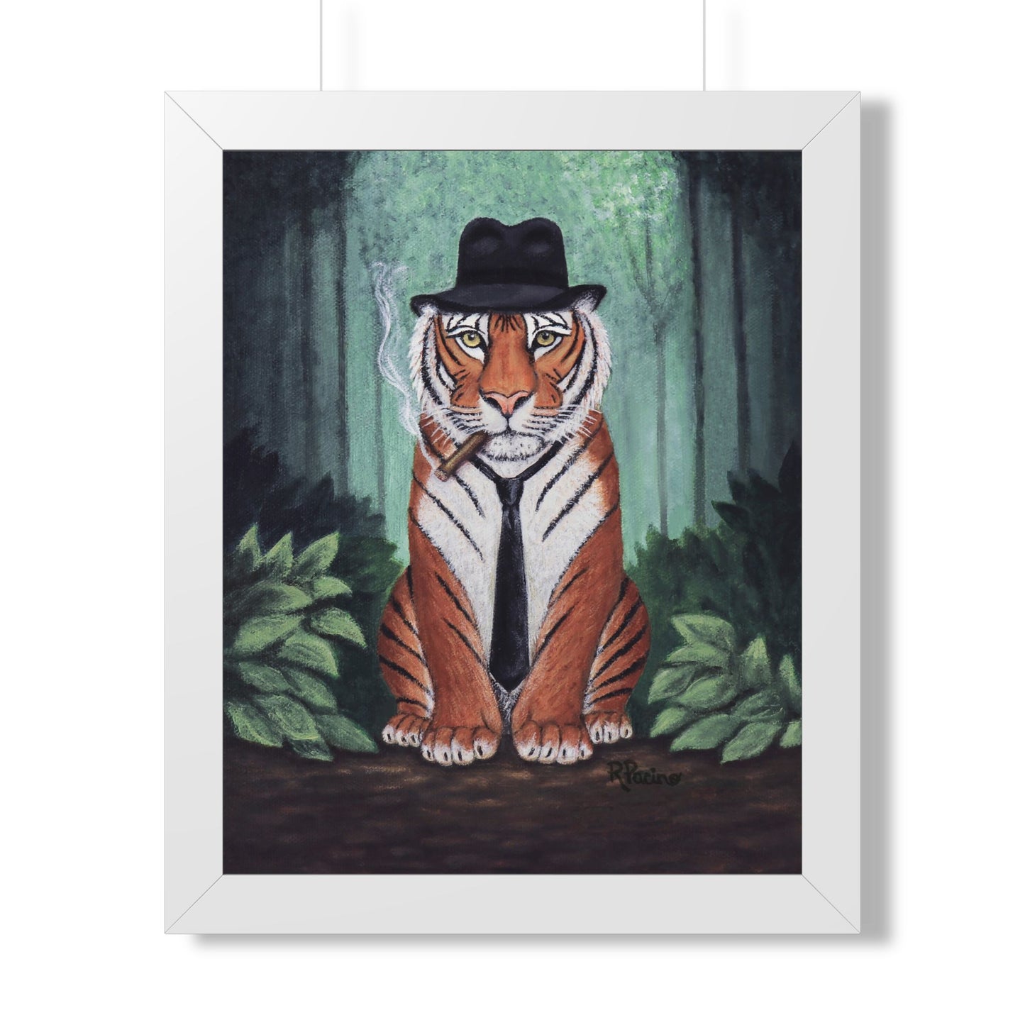 Tiger Wall Art Framed Print, Jungle Noir Animal in Fedora, Vito Stripes by Roberta Pacino