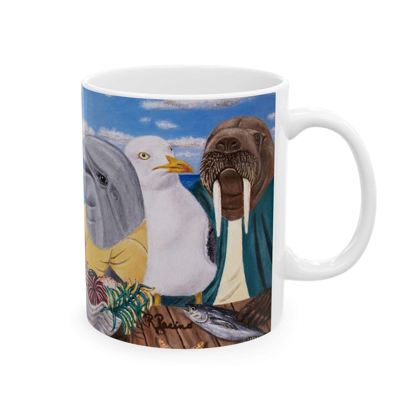 Pelican and Dolphin Coffee Mug – 11oz Ocean Animal Art Cup, Seaside Snacks by Roberta Pacino