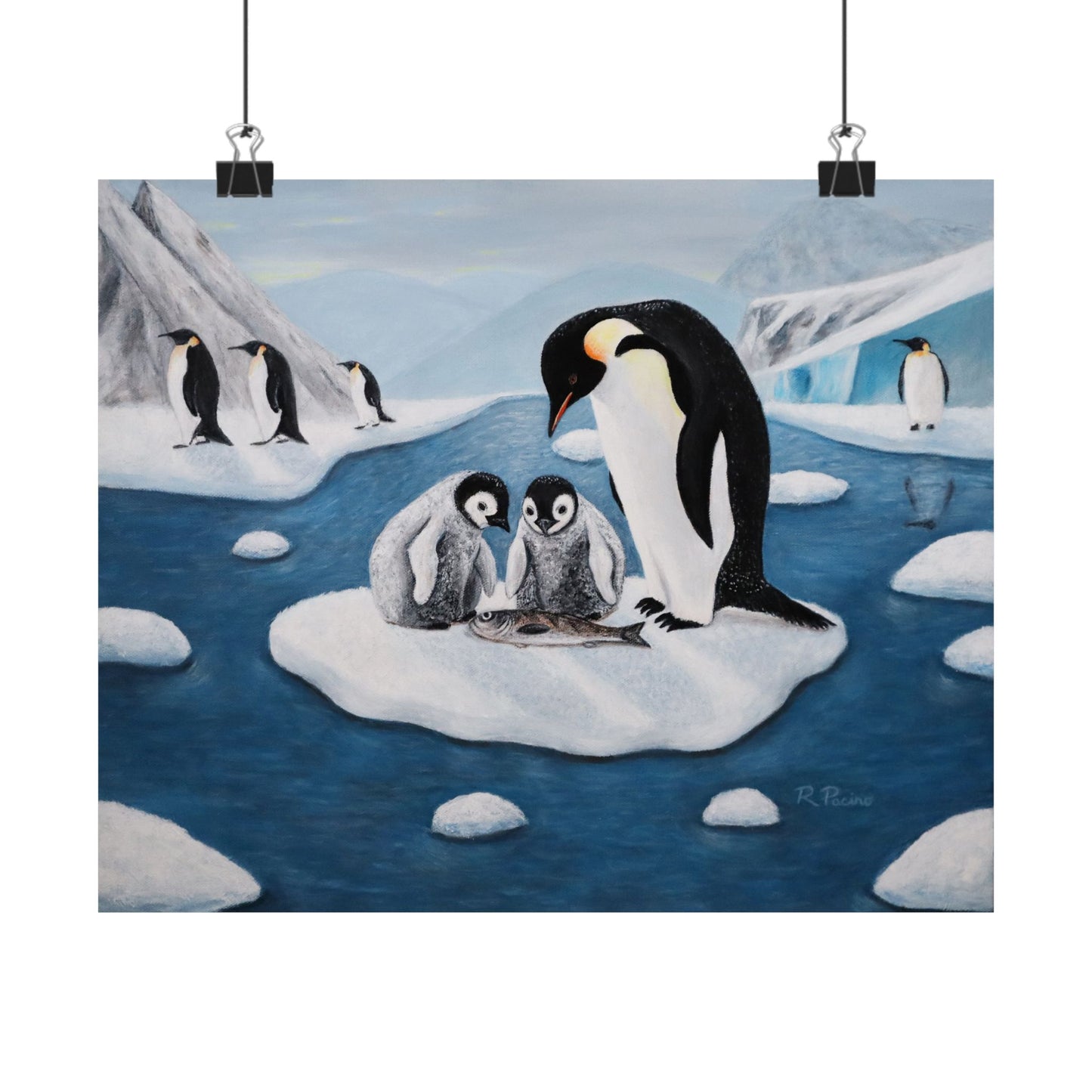 Icy Love – Whimsical Penguin Family Art, Antarctic Scene, by Roberta Pacino