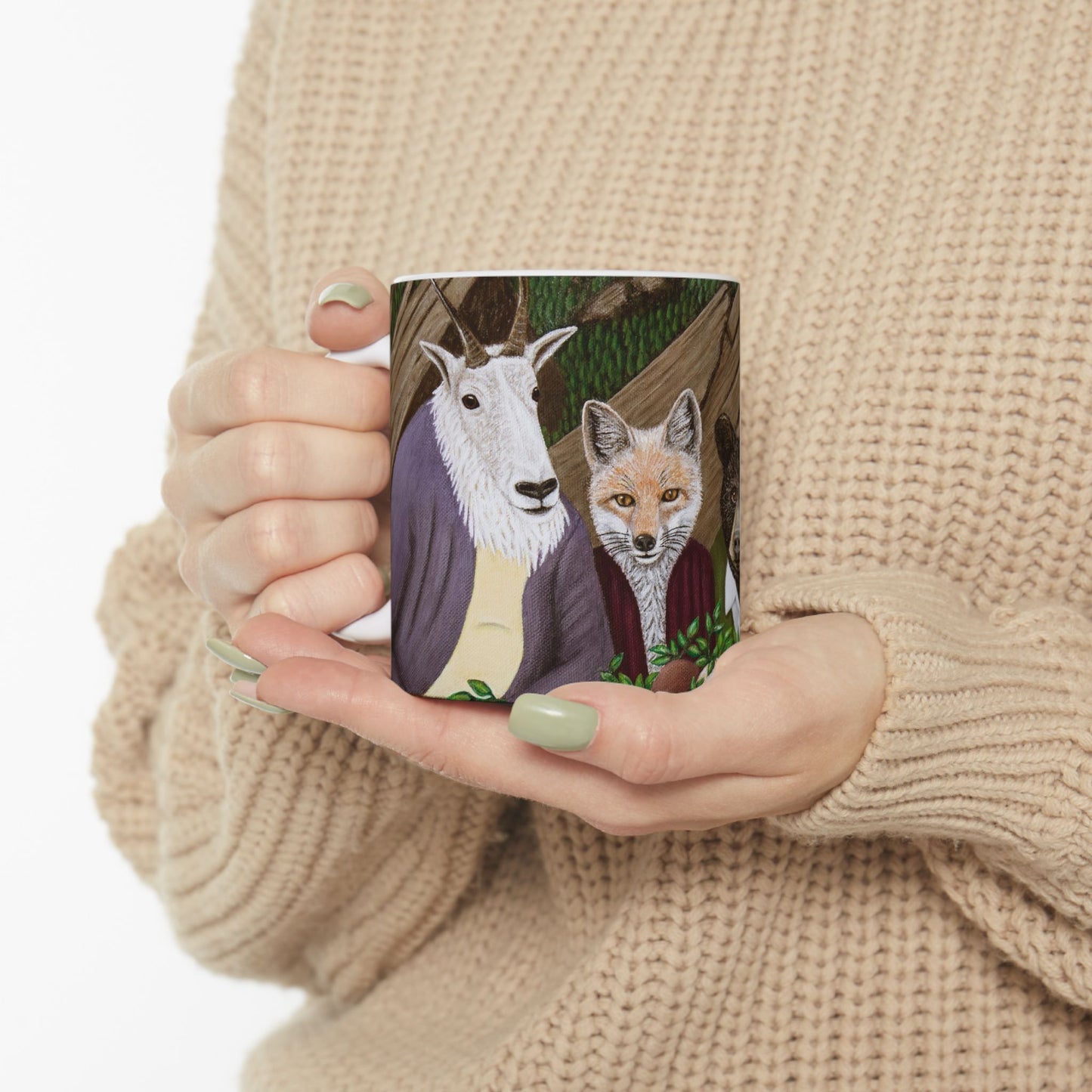 Mountain Wildlife Coffee Mug – 11oz Original Art, Red Fox, Black Bear, Mountain Lion & Goat, Mountain Meal by Roberta Pacino