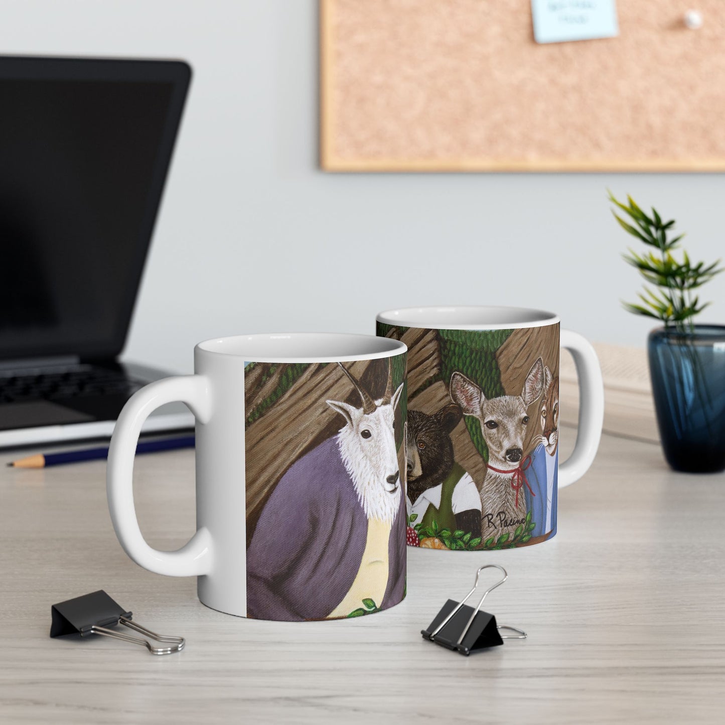 Mountain Wildlife Coffee Mug – 11oz Original Art, Red Fox, Black Bear, Mountain Lion & Goat, Mountain Meal by Roberta Pacino