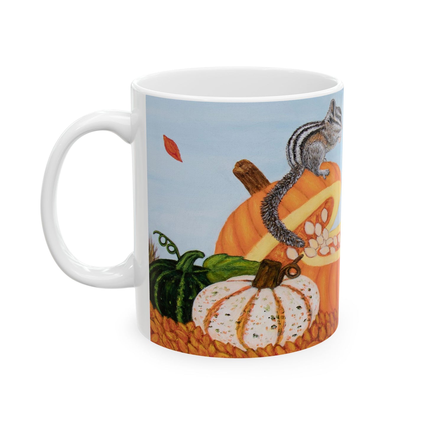 Autumn Chipmunk & Squirrel Mug – 11oz Pumpkin Patch Pals Coffee Cup, Art by Roberta Pacino