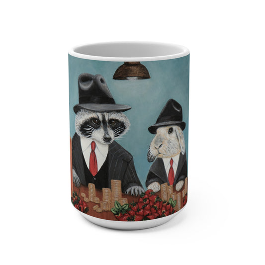 Sweet Deal 15 oz art mug featuring raccoon and rabbit painting by Roberta Pacino