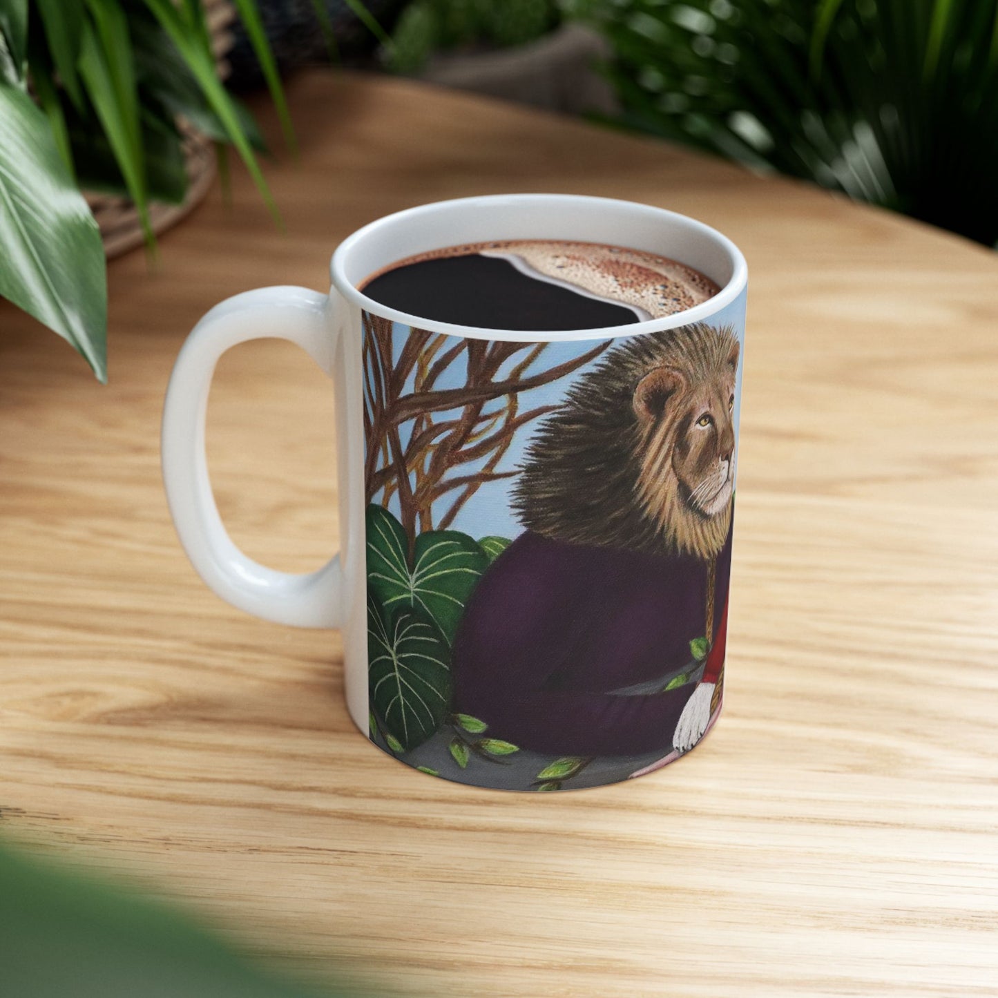 Whimsical Lion and Tiger Coffee Mug – 11oz Jungle Animal Art Cup, King’s Table by Roberta Pacino