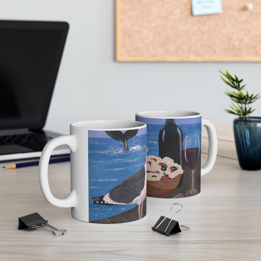 Coastal Seagull Coffee Mug – 11oz Original Art, Whimsical Beach Scene, Pasta on the Pier by Roberta Pacino