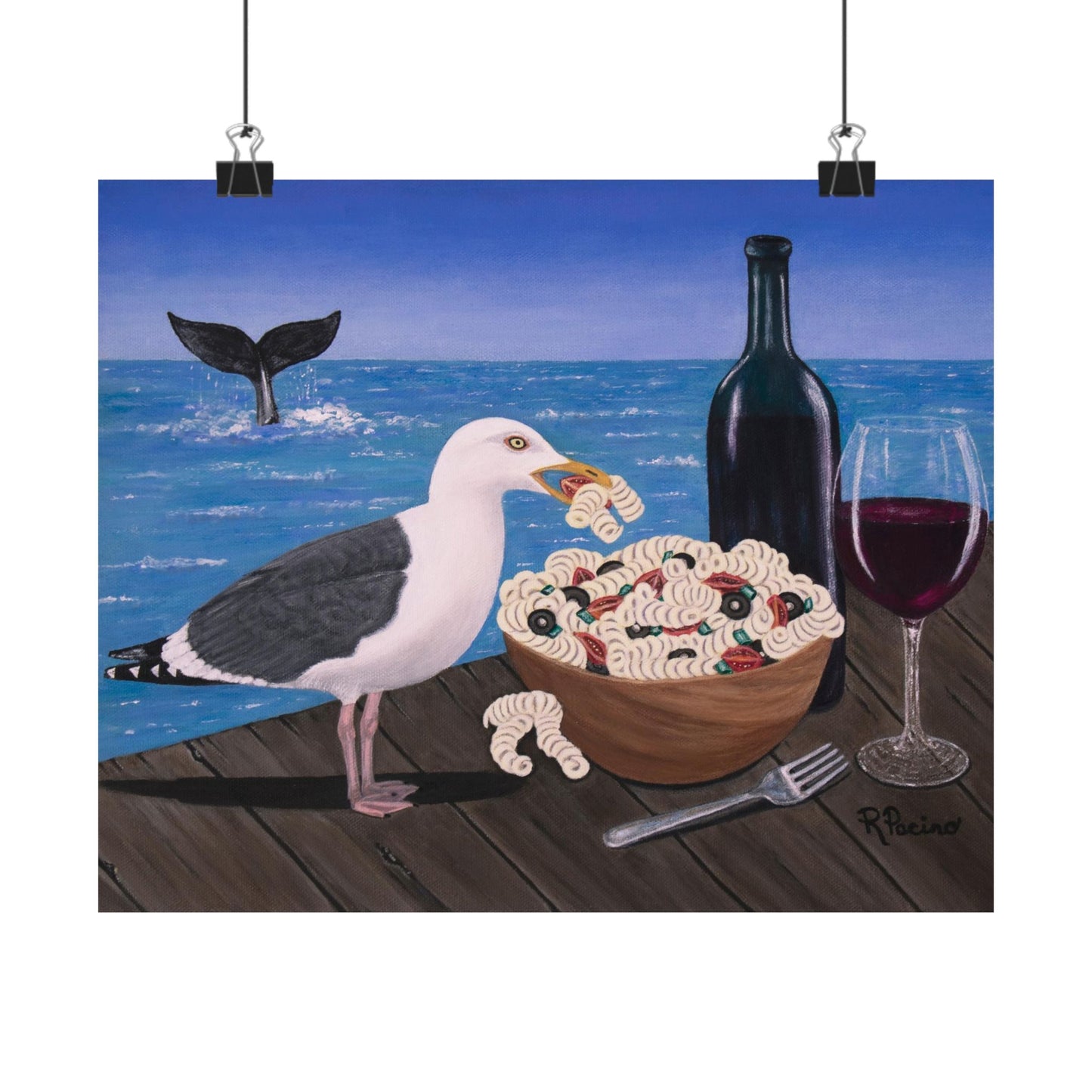 Pasta on the Pier – Whimsical Seagull Dining Art, Coastal Scene, by Roberta Pacino