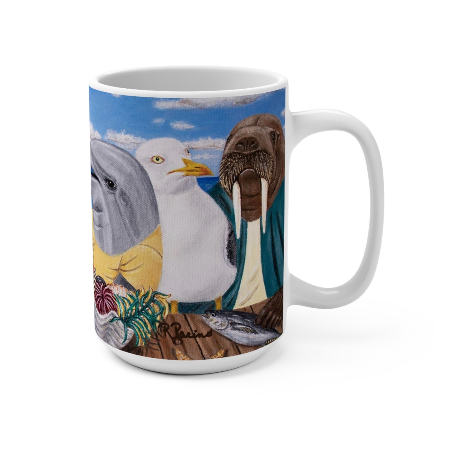 Whimsical Ocean Wildlife Coffee Mug – 15oz Original Art, Pelican, Dolphin & Walrus, Seaside Snacks by Roberta Pacino