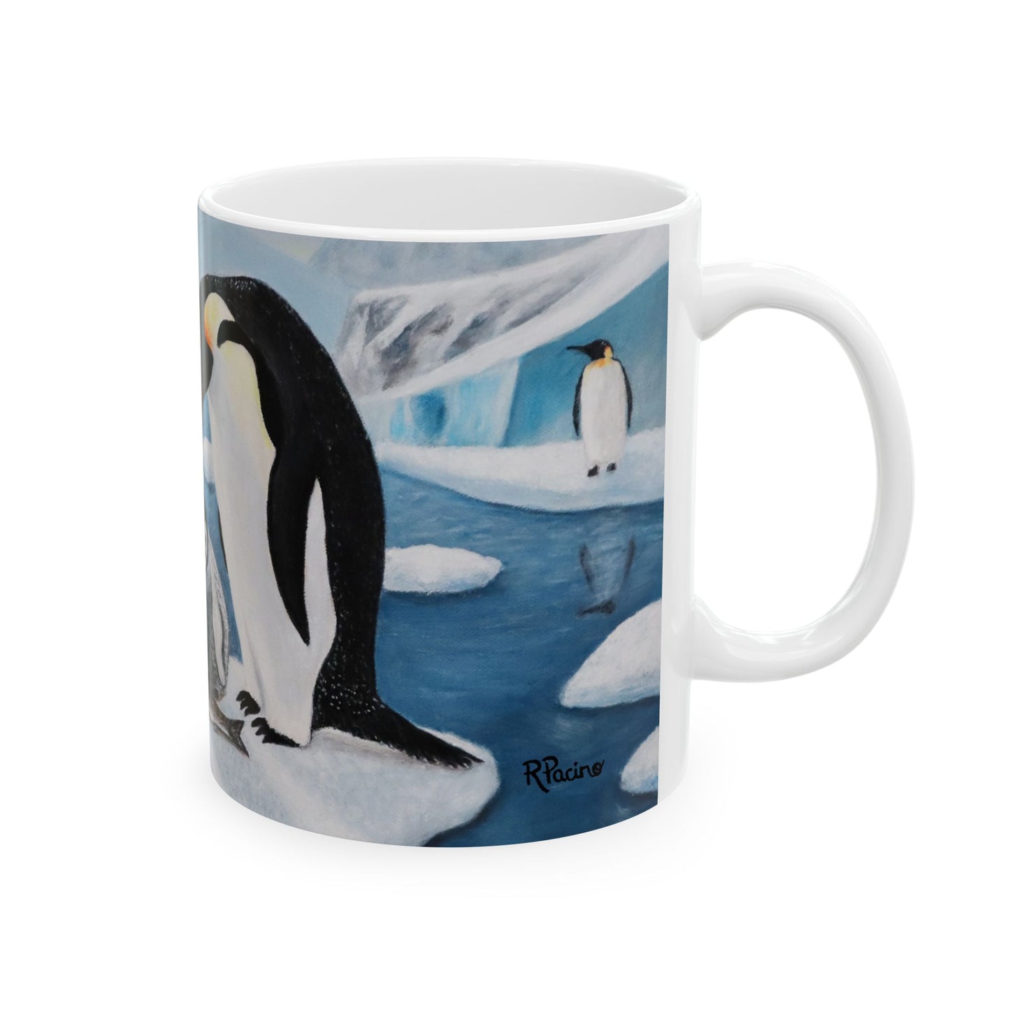 Whimsical Penguin Coffee Mug – 11oz Antarctic Wildlife Art Cup, Icy Love by Roberta Pacino