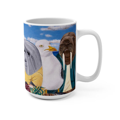 Whimsical Ocean Wildlife Coffee Mug – 15oz Original Art, Pelican, Dolphin & Walrus, Seaside Snacks by Roberta Pacino