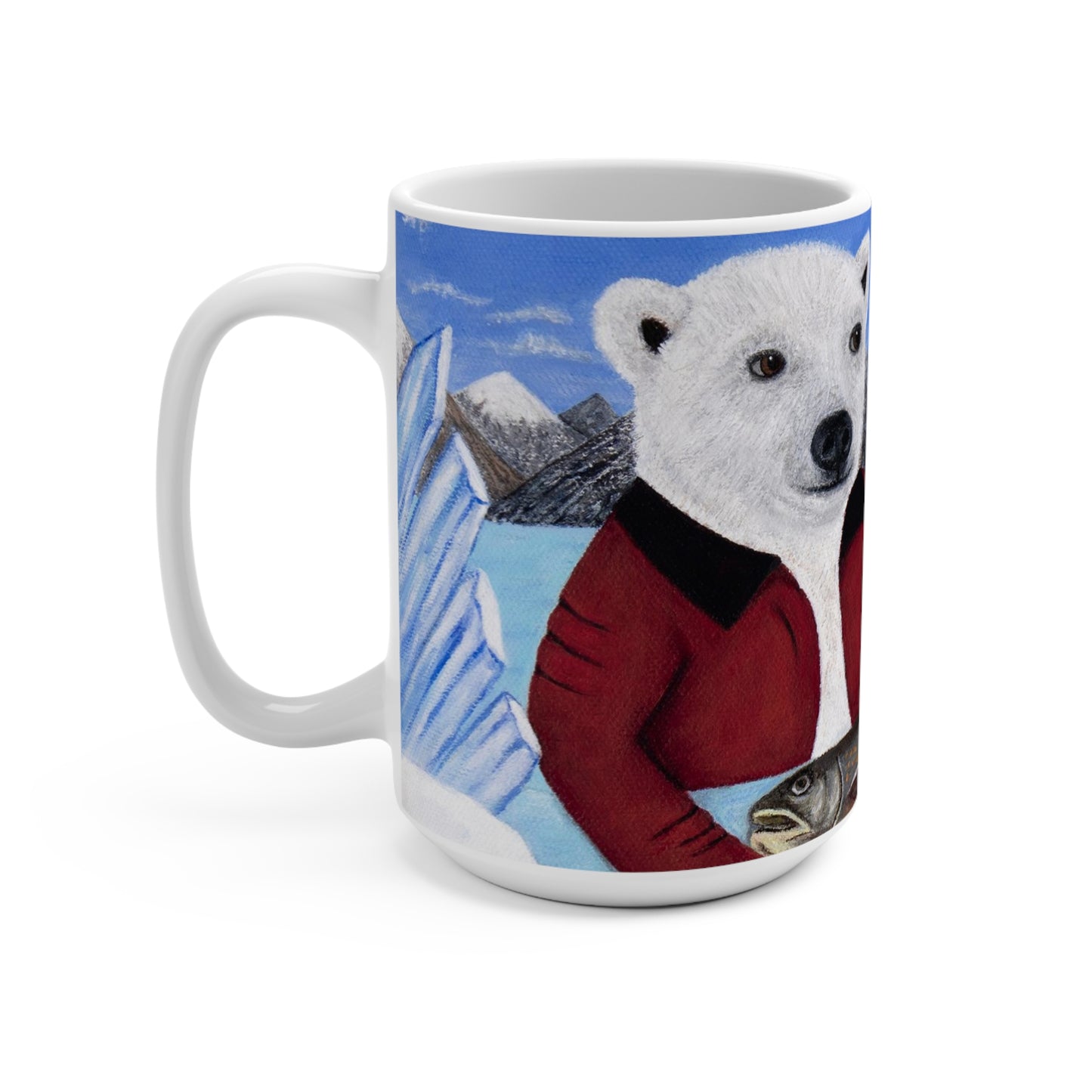 Whimsical Arctic Wildlife Coffee Mug – 15oz Original Art, Polar Bear & Harp Seal, Arctic Appetite by Roberta Pacino