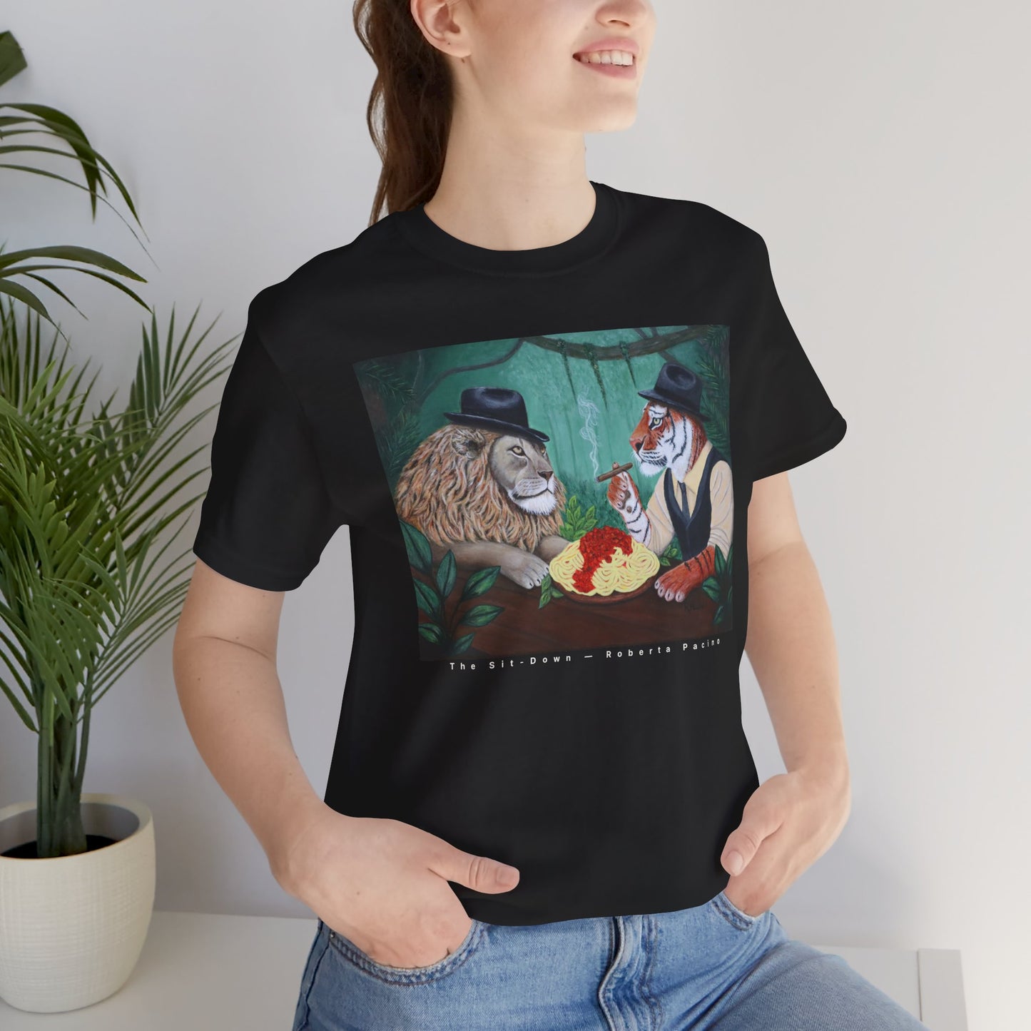 The Sit-Down – Unisex Cotton T-Shirt, Black, Original Art by Roberta Pacino