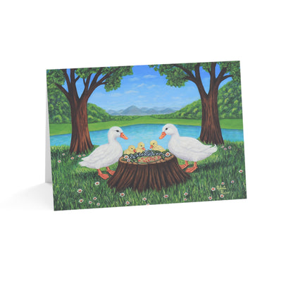 Sunlit Supper Greeting Card – Whimsical Duck Family Art Card by Roberta Pacino