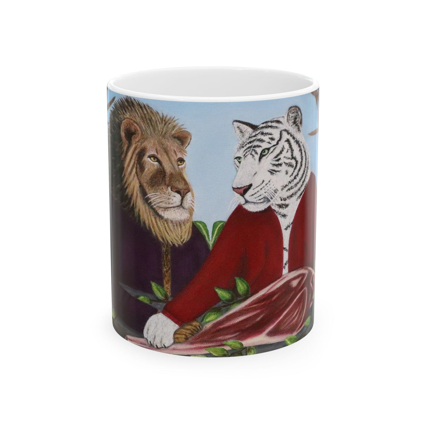 Whimsical Lion and Tiger Coffee Mug – 11oz Jungle Animal Art Cup, King’s Table by Roberta Pacino