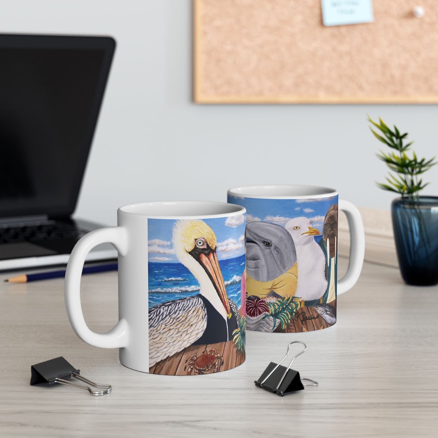 Pelican and Dolphin Coffee Mug – 11oz Ocean Animal Art Cup, Seaside Snacks by Roberta Pacino