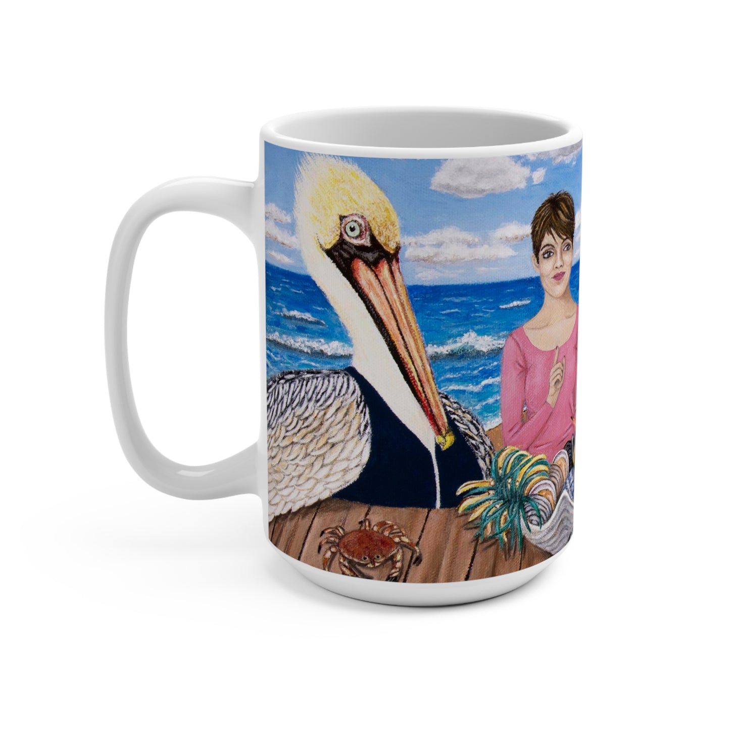 Whimsical Ocean Wildlife Coffee Mug – 15oz Original Art, Pelican, Dolphin & Walrus, Seaside Snacks by Roberta Pacino