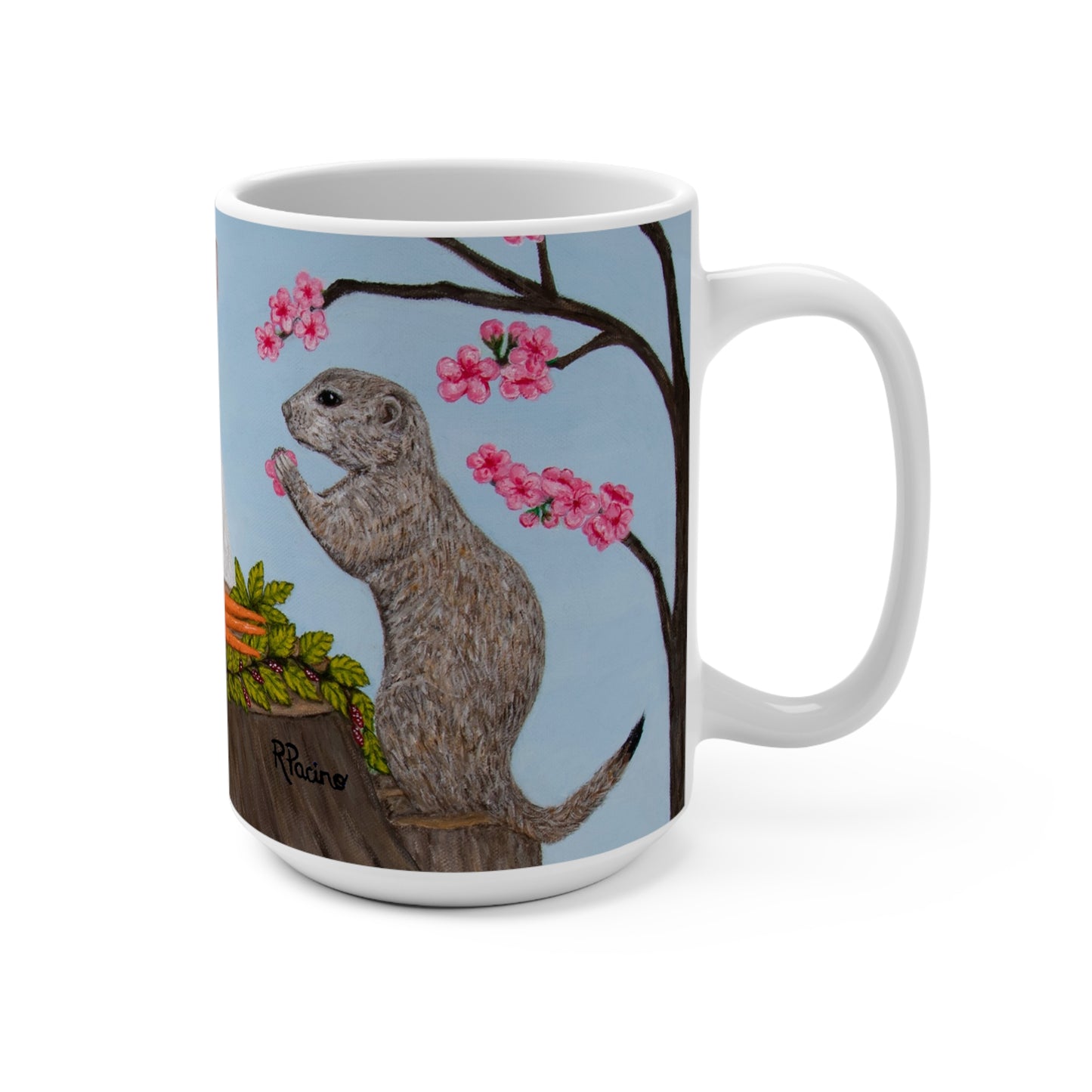 Whimsical Woodland Coffee Mug – 15oz Rabbit, Squirrel & Prairie Dog Art, Garden Gathering by Roberta Pacino