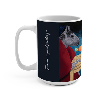 A white ceramic mug featuring a printed wraparound design with a dark navy blue section containing white script text, and an adjacent section showing a stylized painting of a gray donkey in a red robe against a dark blue background.
